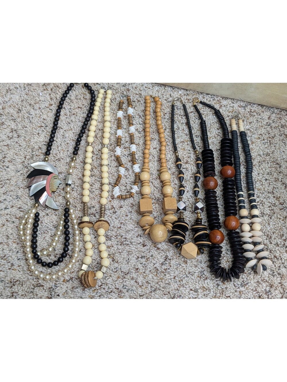 Vintage Wooden Bead & Shell Necklace Lot (8 Pc) Natural Boho Tribal Statement